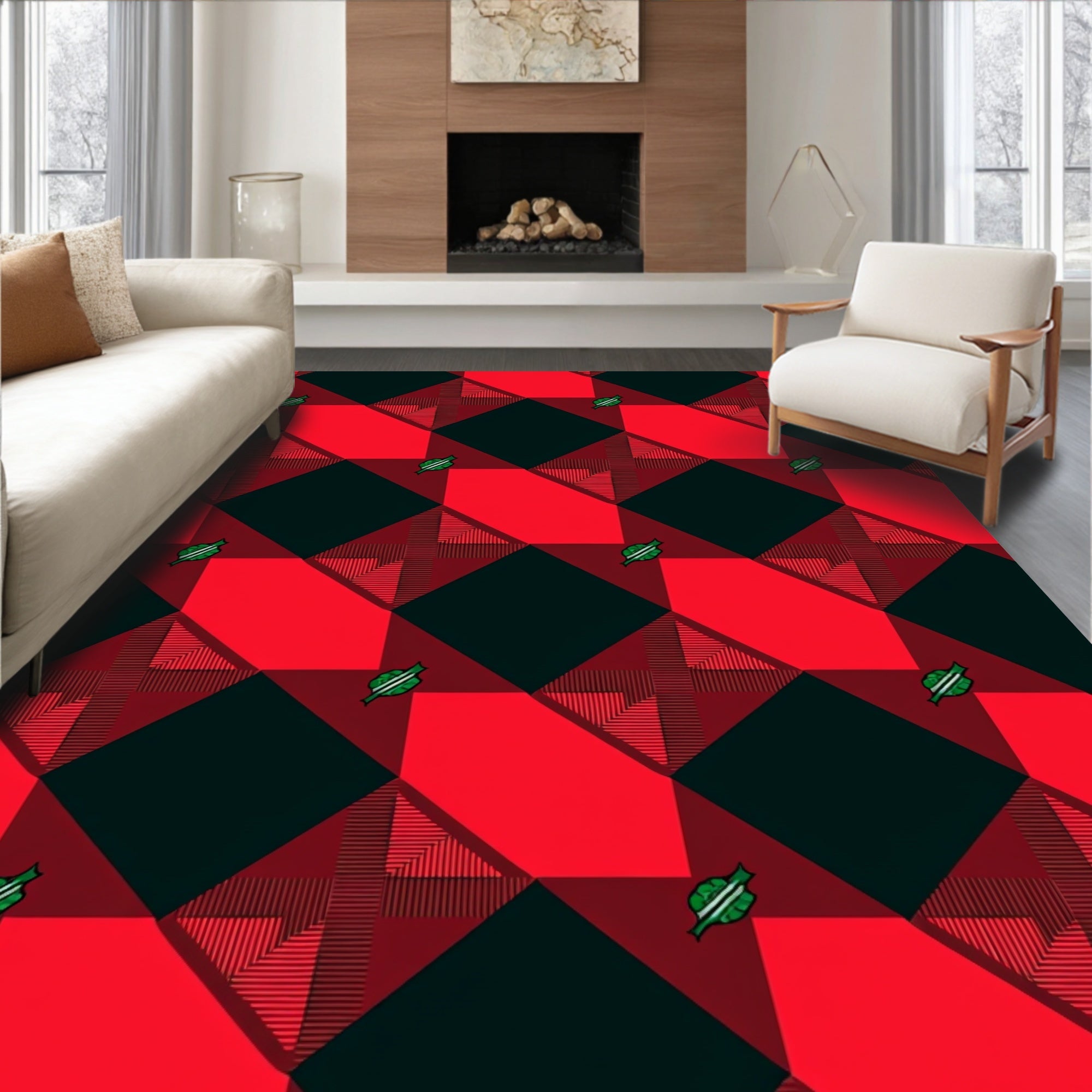 Red Black Plaid Diamond Accents Rug