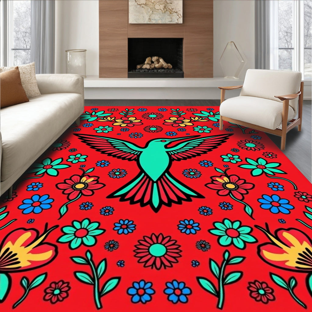 Vibrant Red Hummingbird Floral Garden Rug