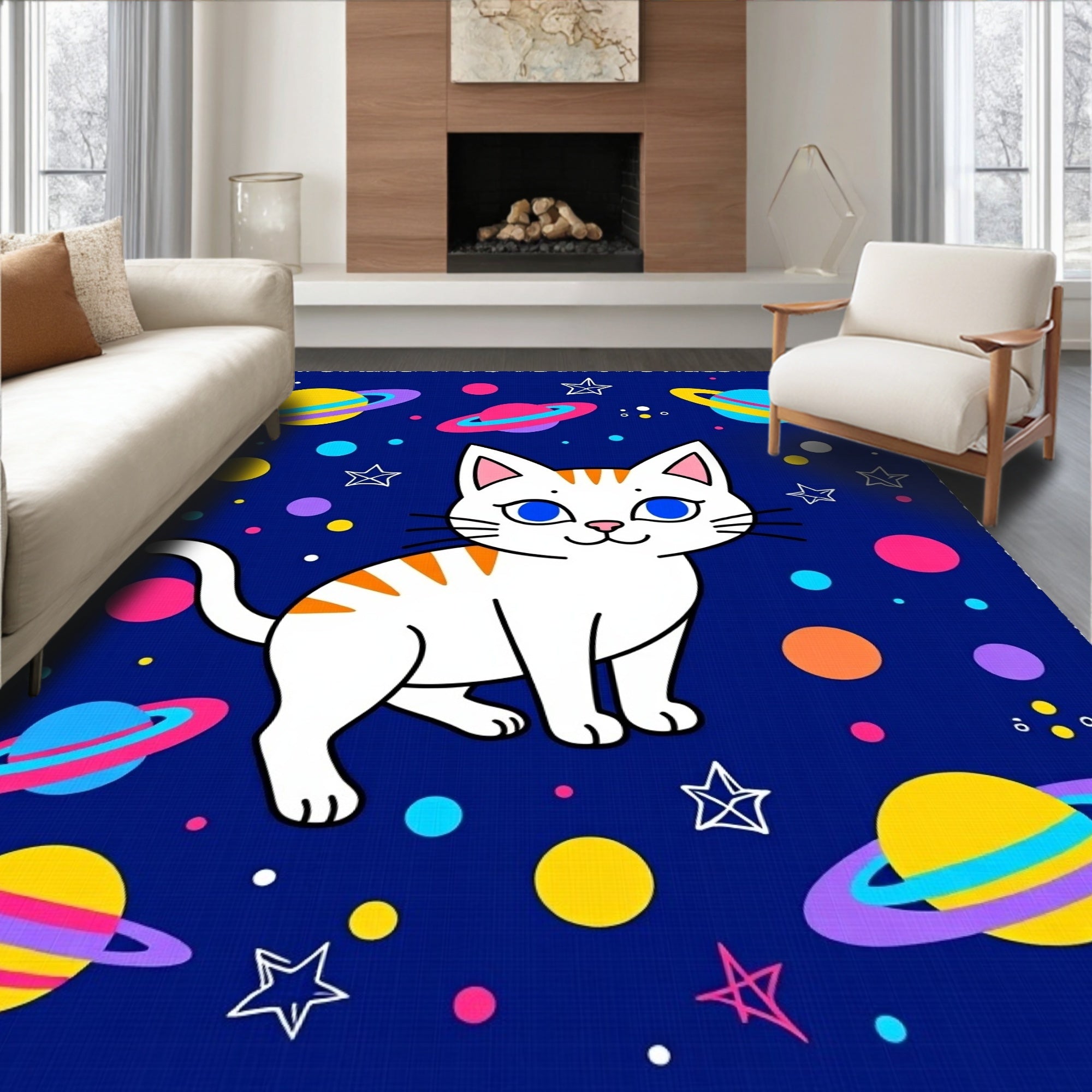 Whimsical Cat Cosmic Planets Bright Colors Rug