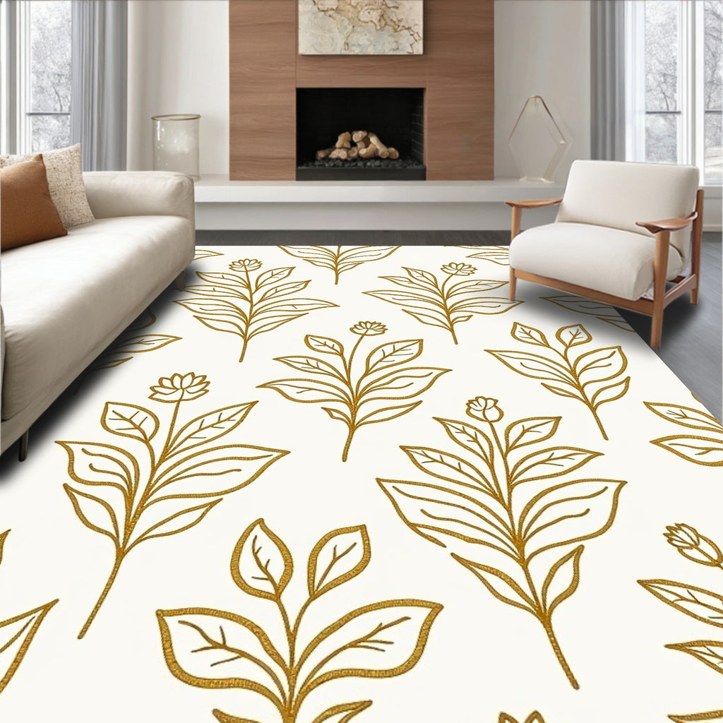 Golden Botanical Outline Foliage Rug