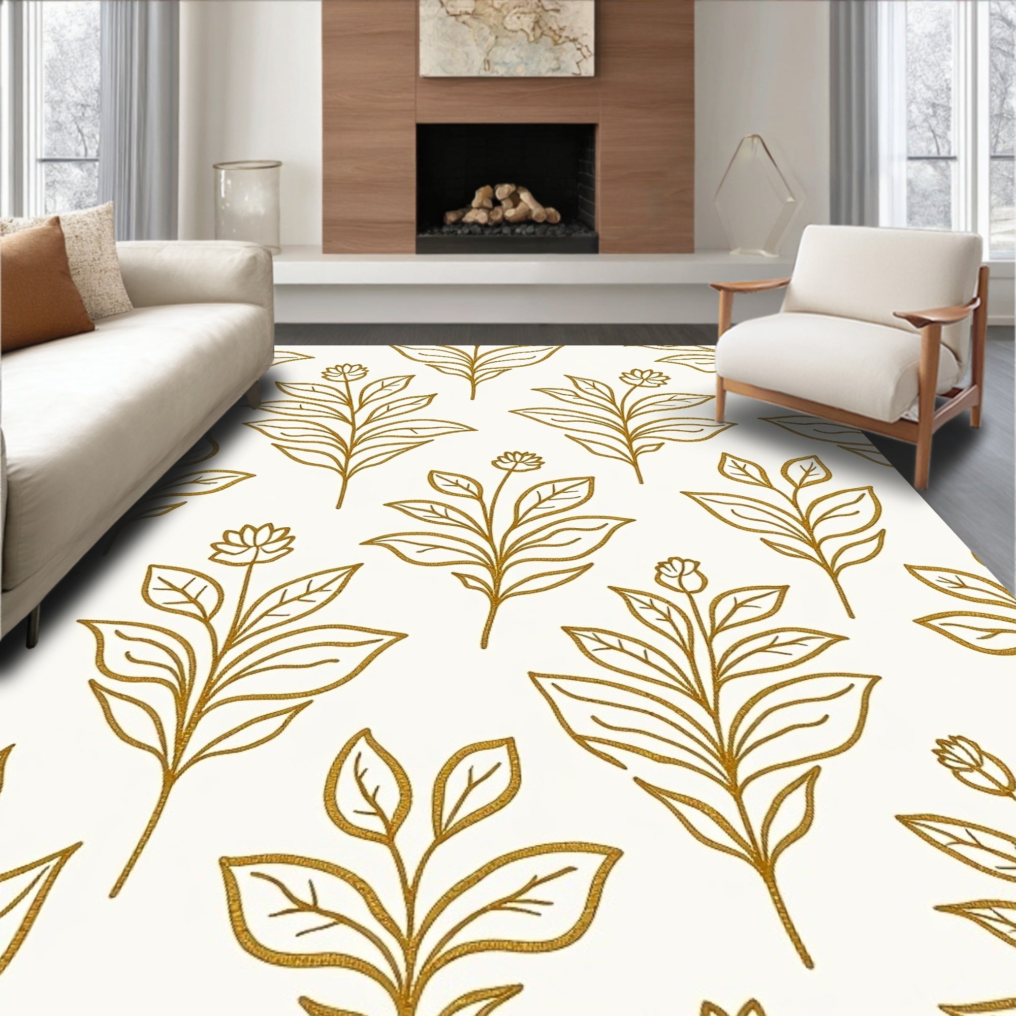 Golden Botanical Outline Foliage Rug