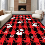 Red Black Buffalo Plaid Snowmen Snowflakes Rug