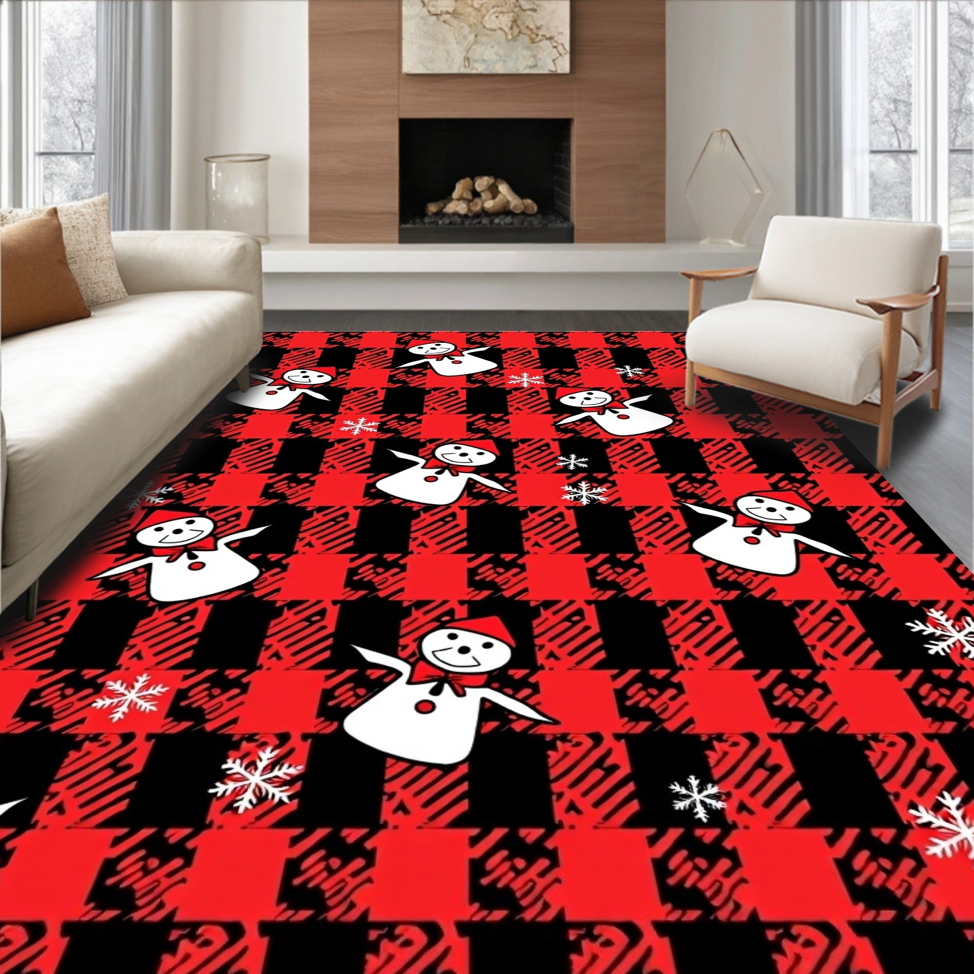Red Black Buffalo Plaid Snowmen Snowflakes Rug