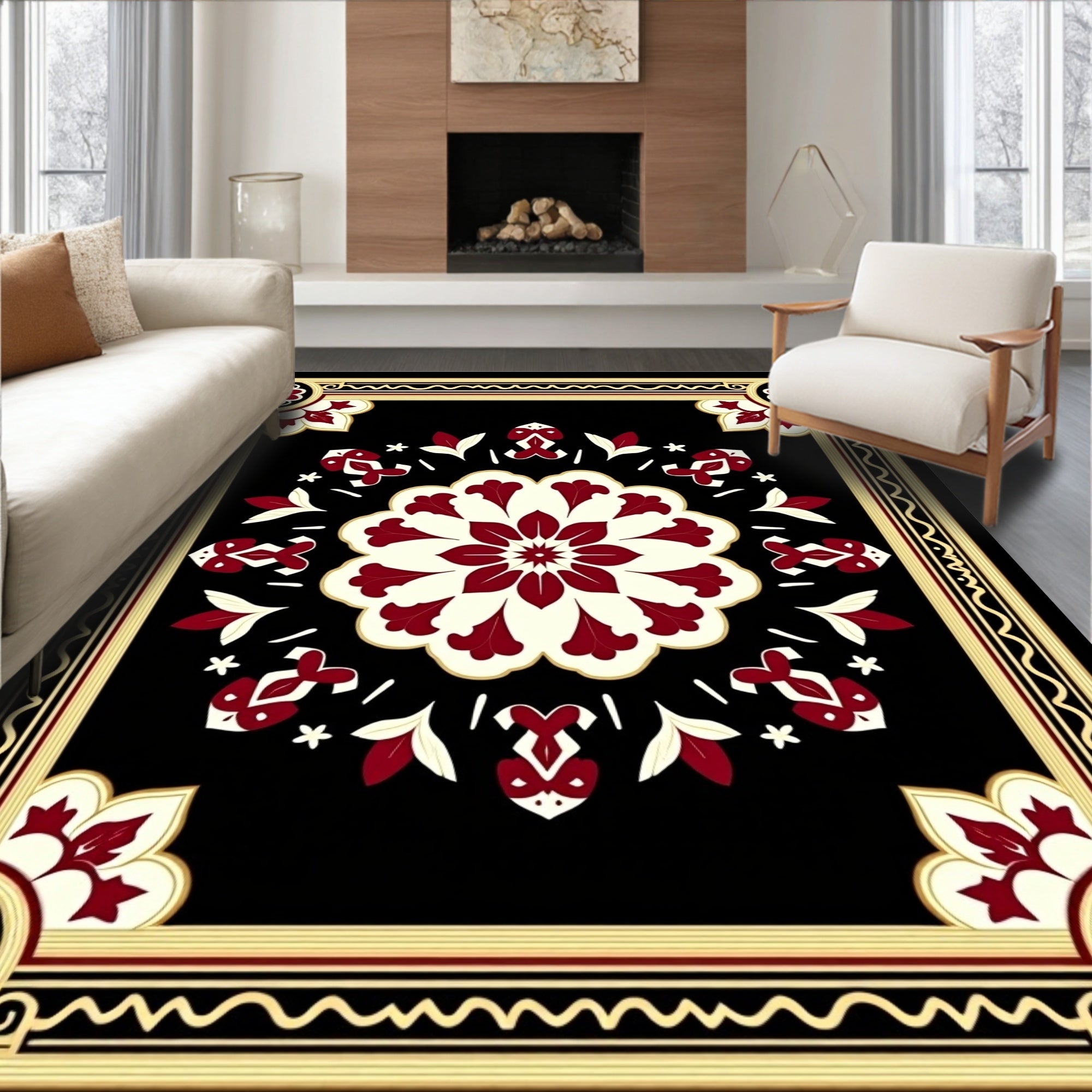 Deep Red Floral Medallion Frame Rug