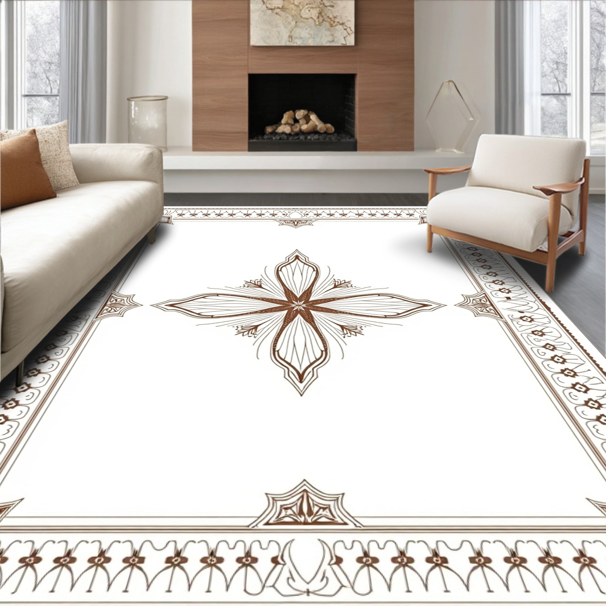 Brown Medallion Floral Border Rug