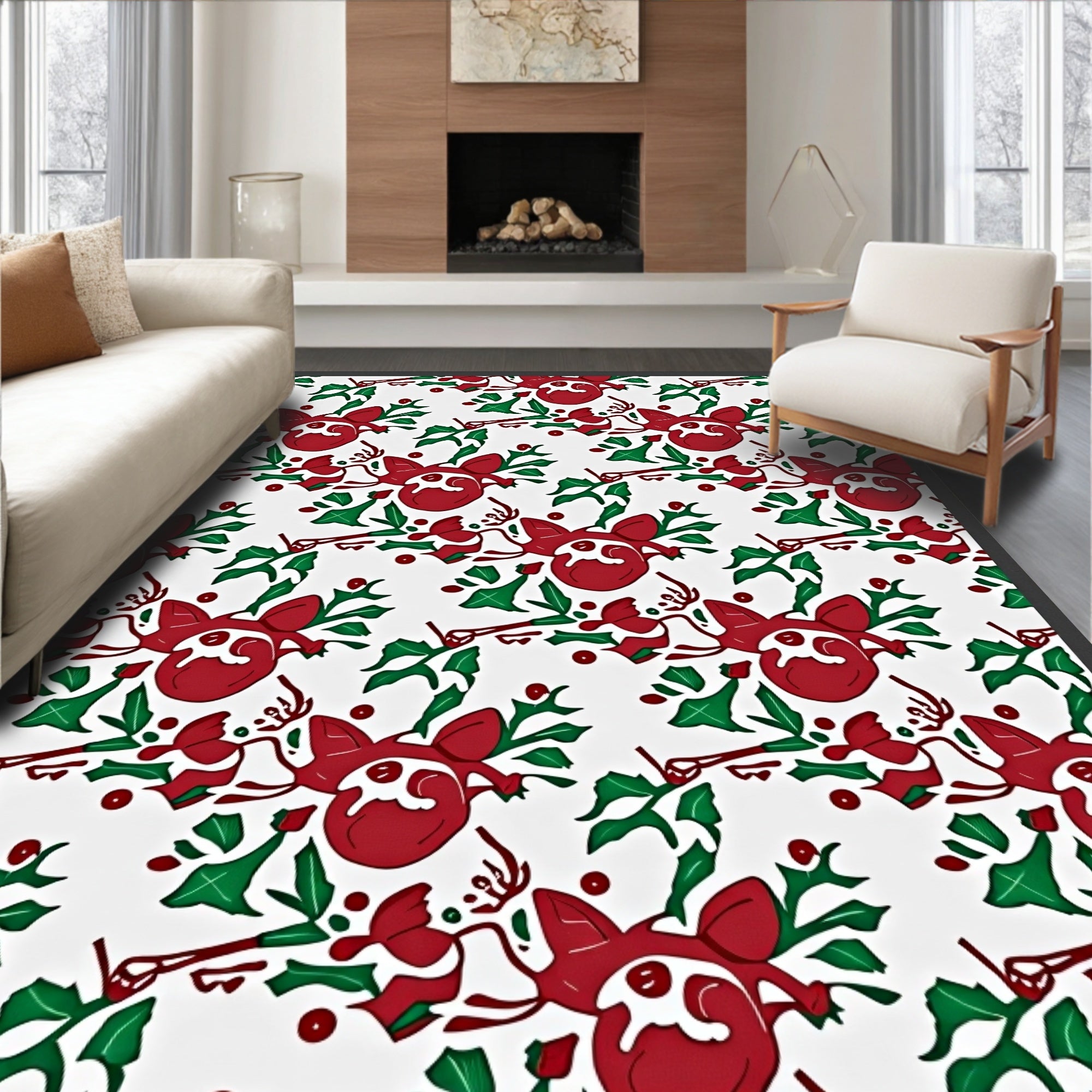 Red Reindeer Holly Leaf Swirl Rug