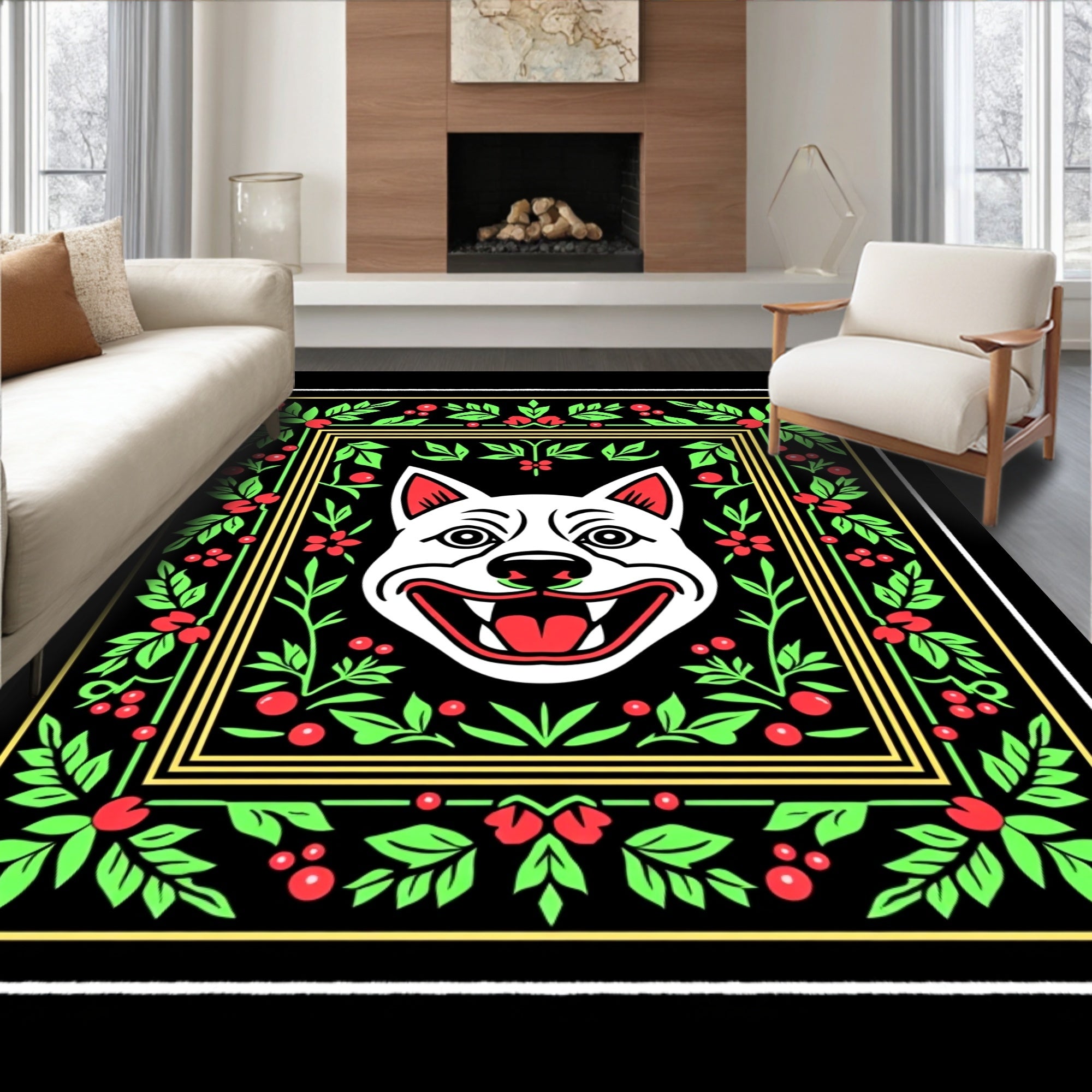 Bold White Dog Floral Border Rug