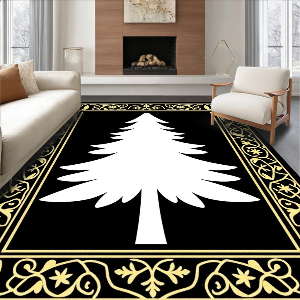 Elegant White Tree Black Gold Border Rug