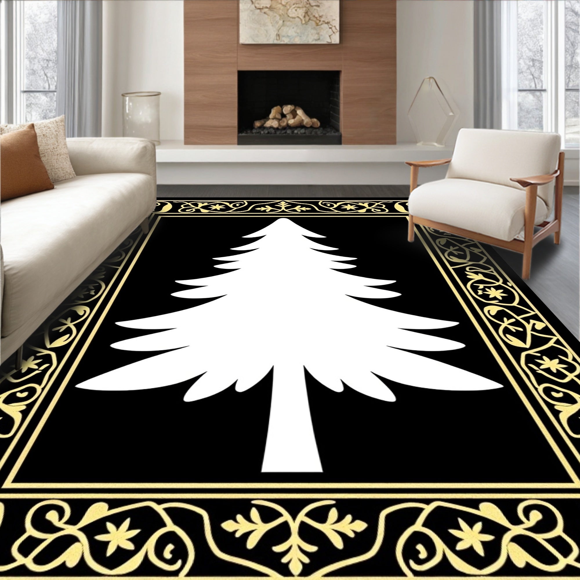 Elegant White Tree Black Gold Border Rug