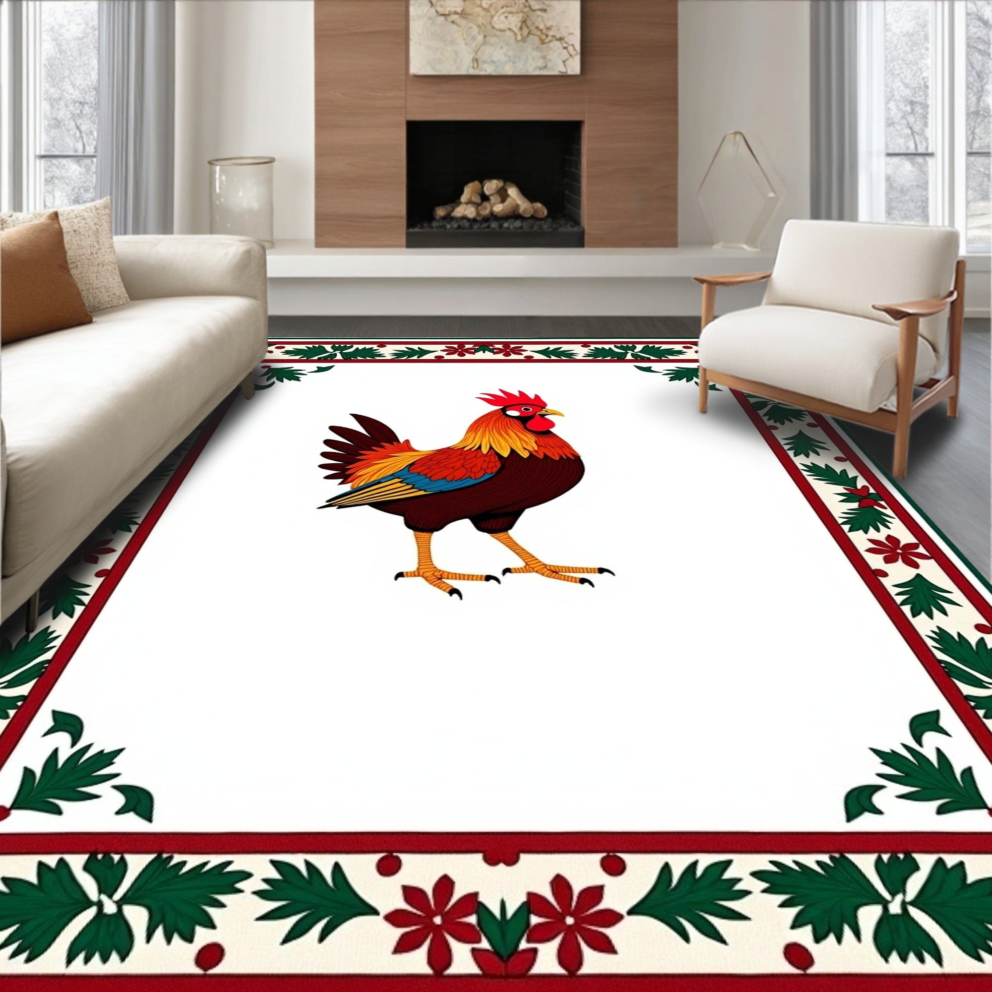 Rooster With Red Green Border Rug