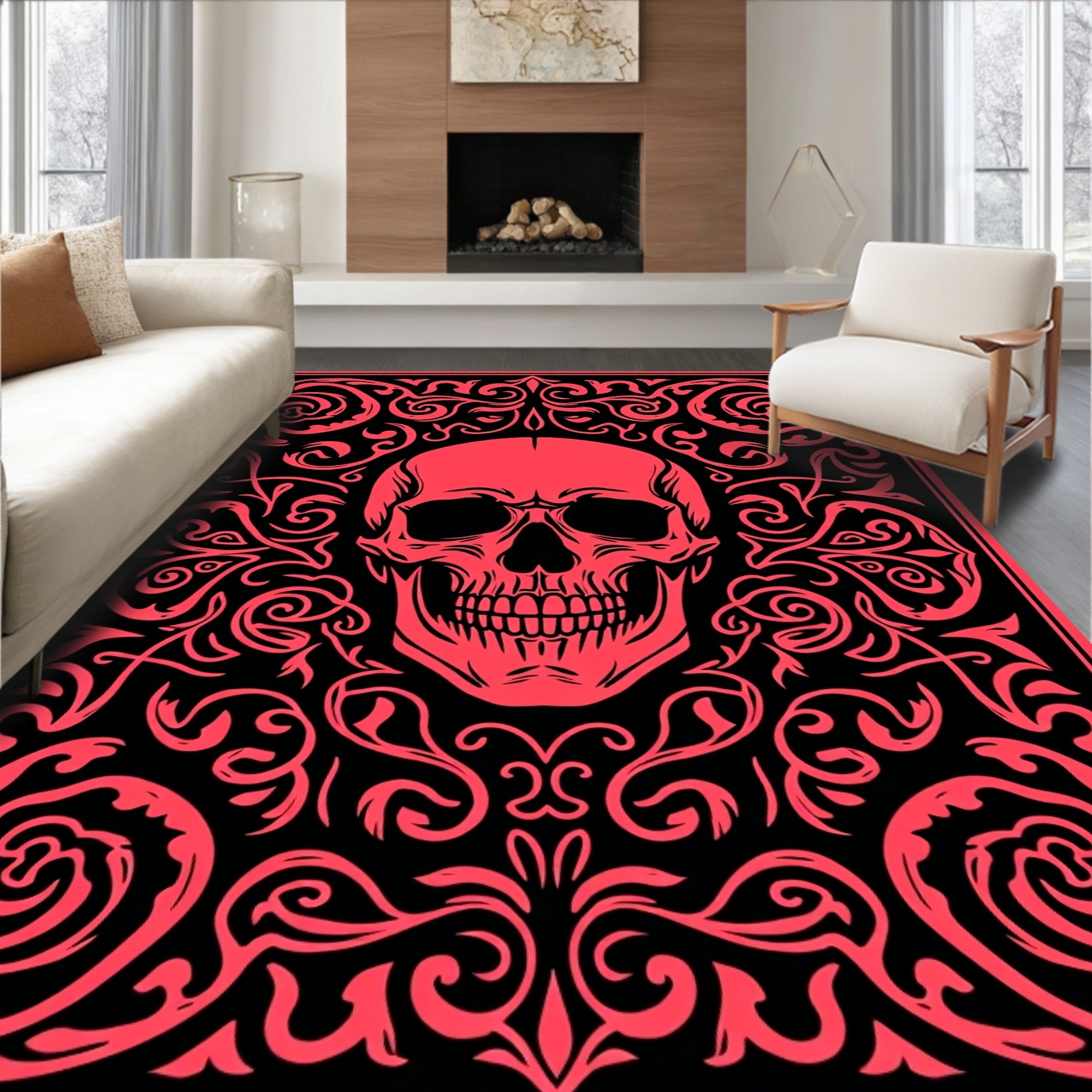 Crimson Skull Ornamental Square Rug