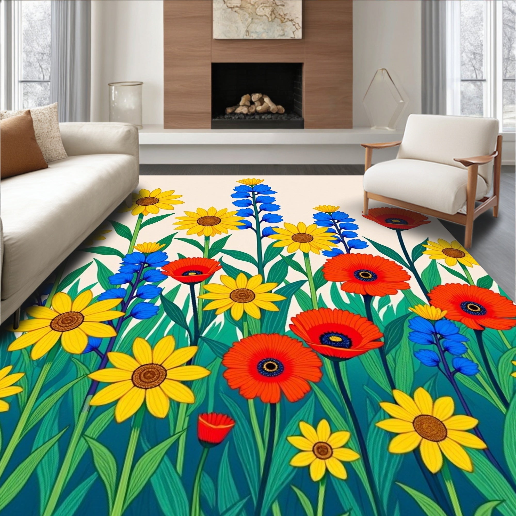 Vibrant Red Yellow Blue Wildflower Garden Rug