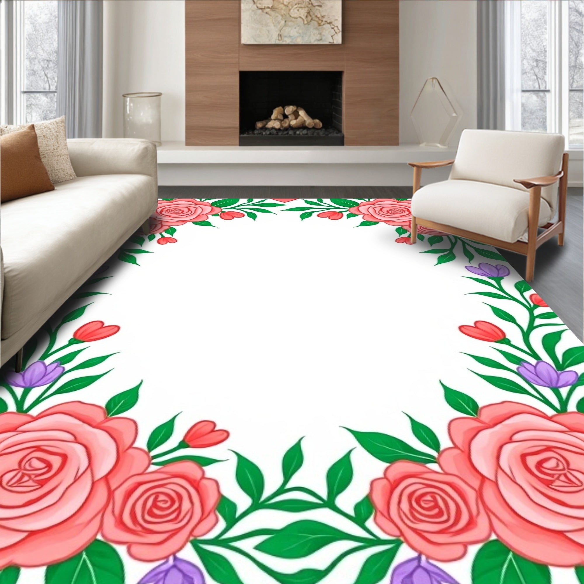 Coral Pink Roses Green Foliage Border Rug