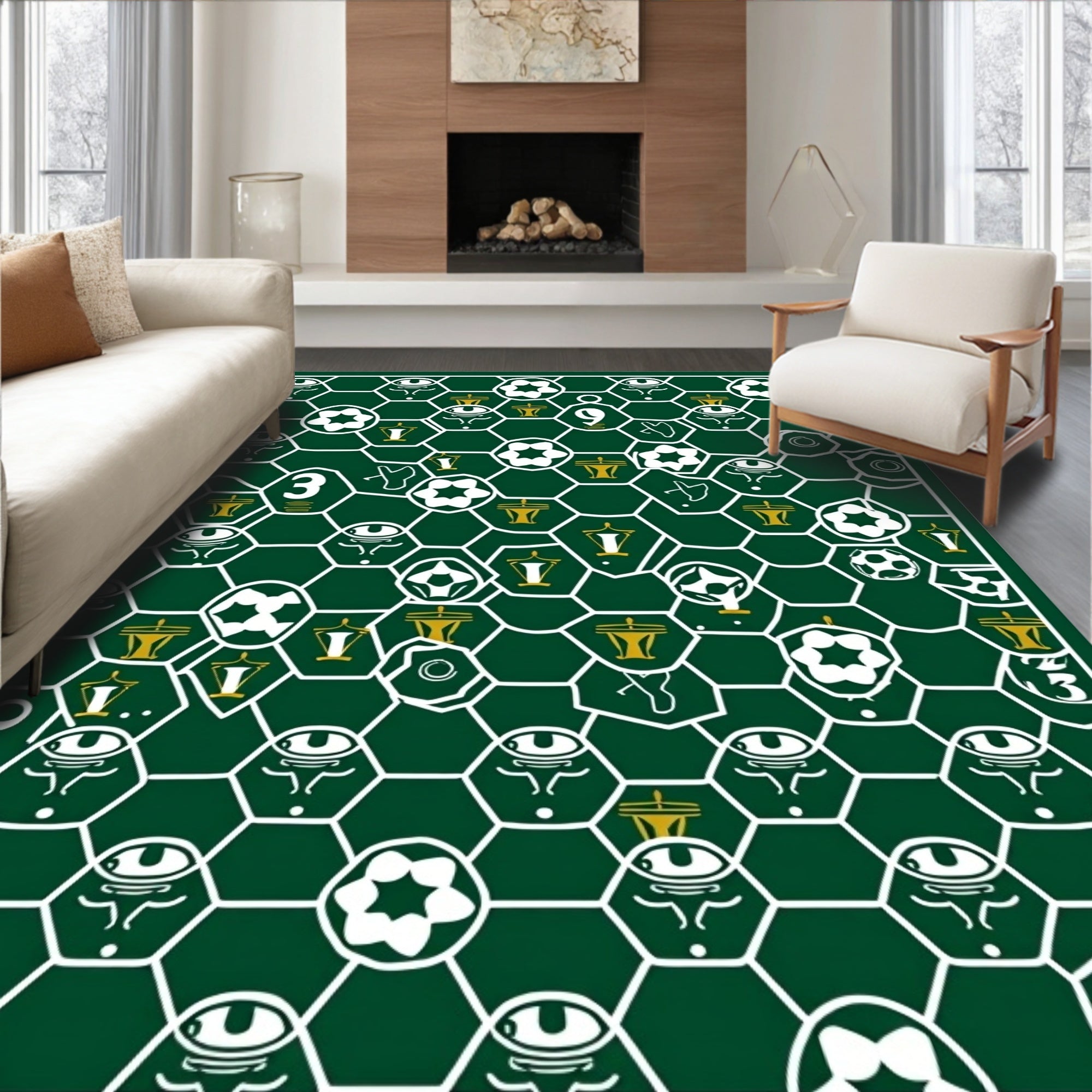 Green White Football Mosaic Hexagonal Rug