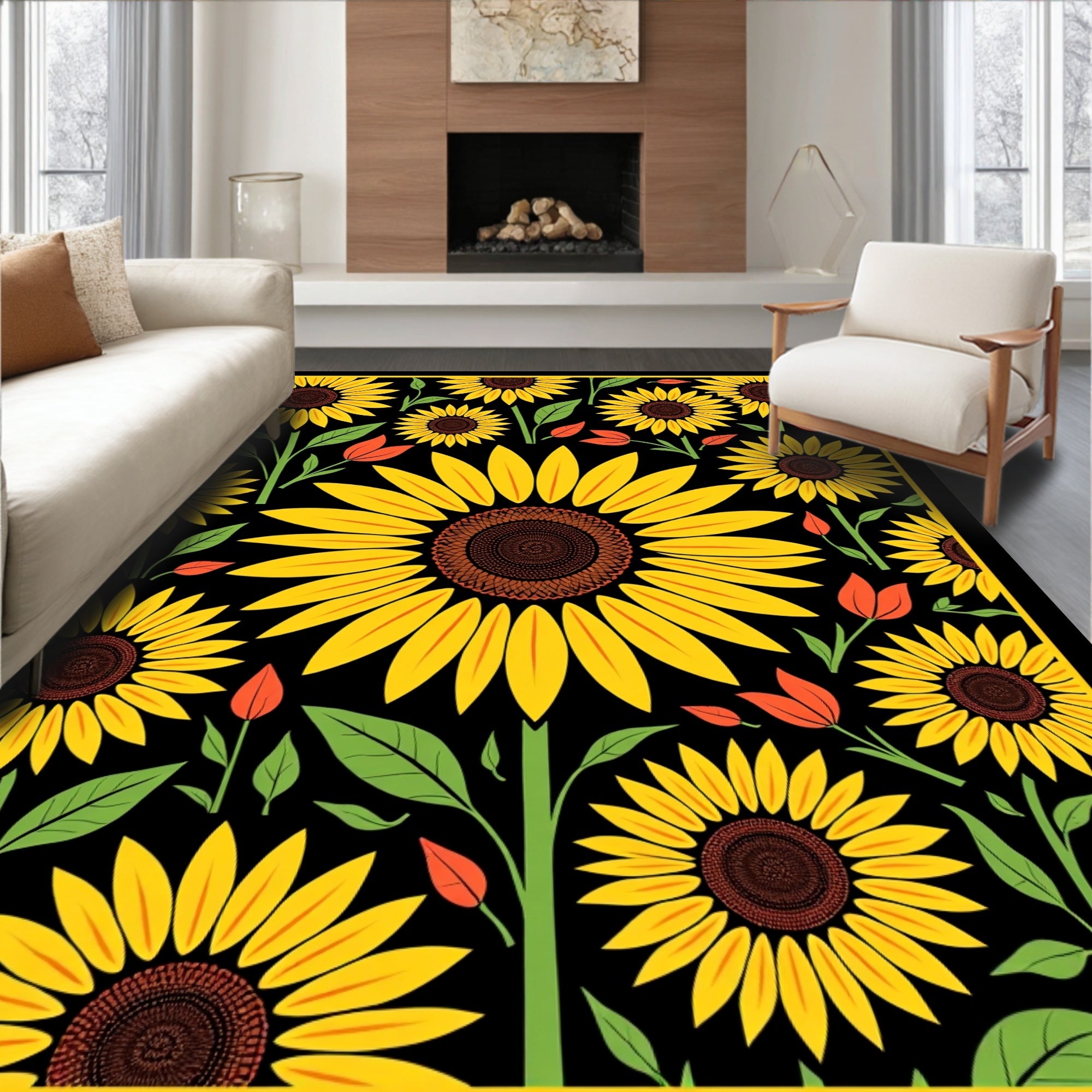 Sunny Yellow Sunflower Black Garden Rug