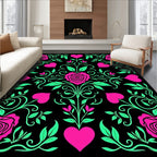 Pink Hearts Green Roses Black Background Rug