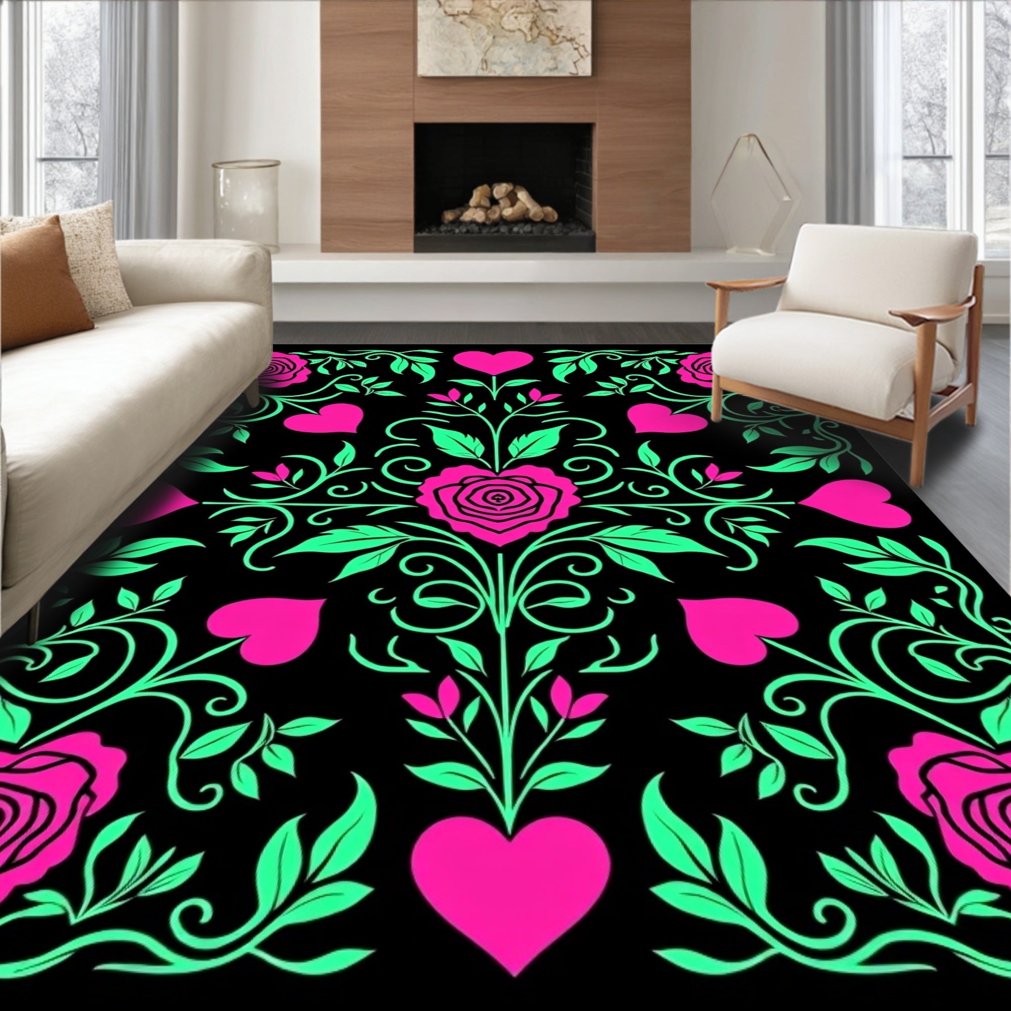 Pink Hearts Green Roses Black Background Rug