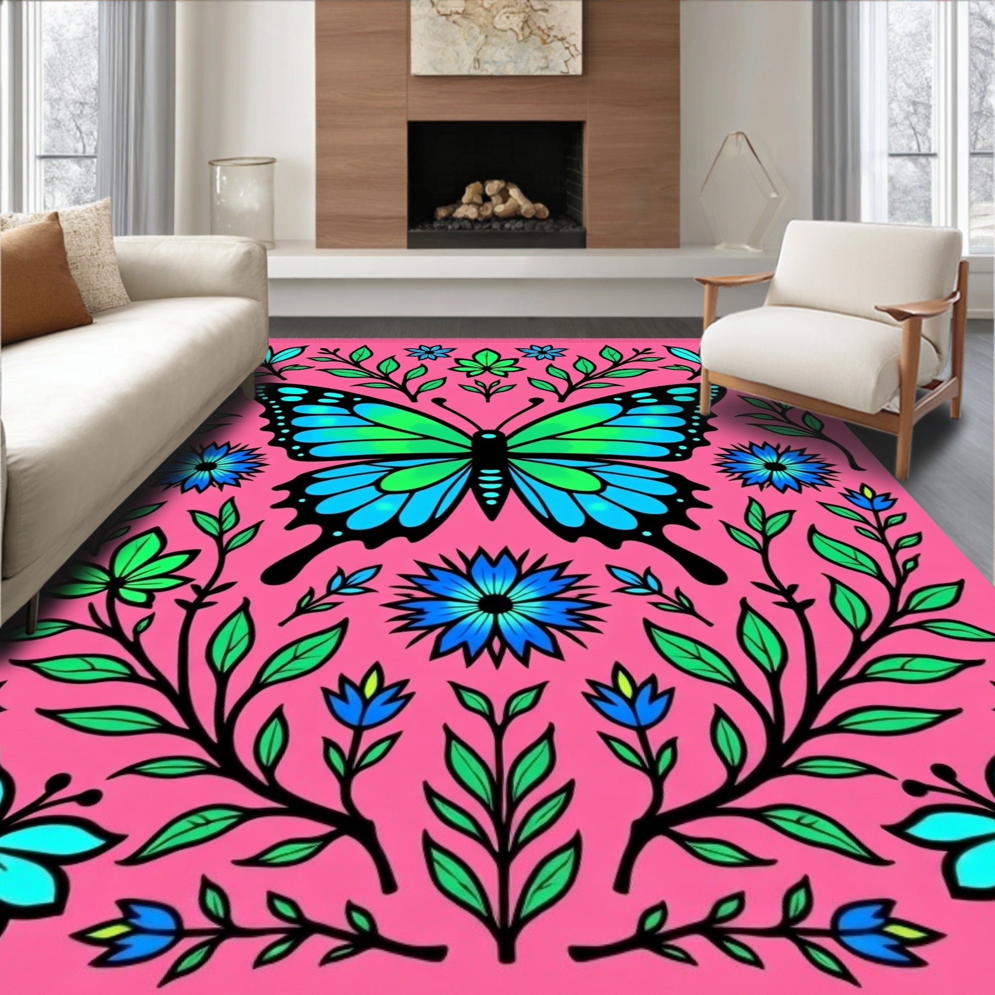 Whimsical Butterfly Garden Pink Rug