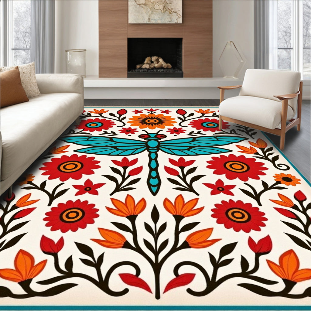 Mid-century Dragonfly Floral Folk Art Rug