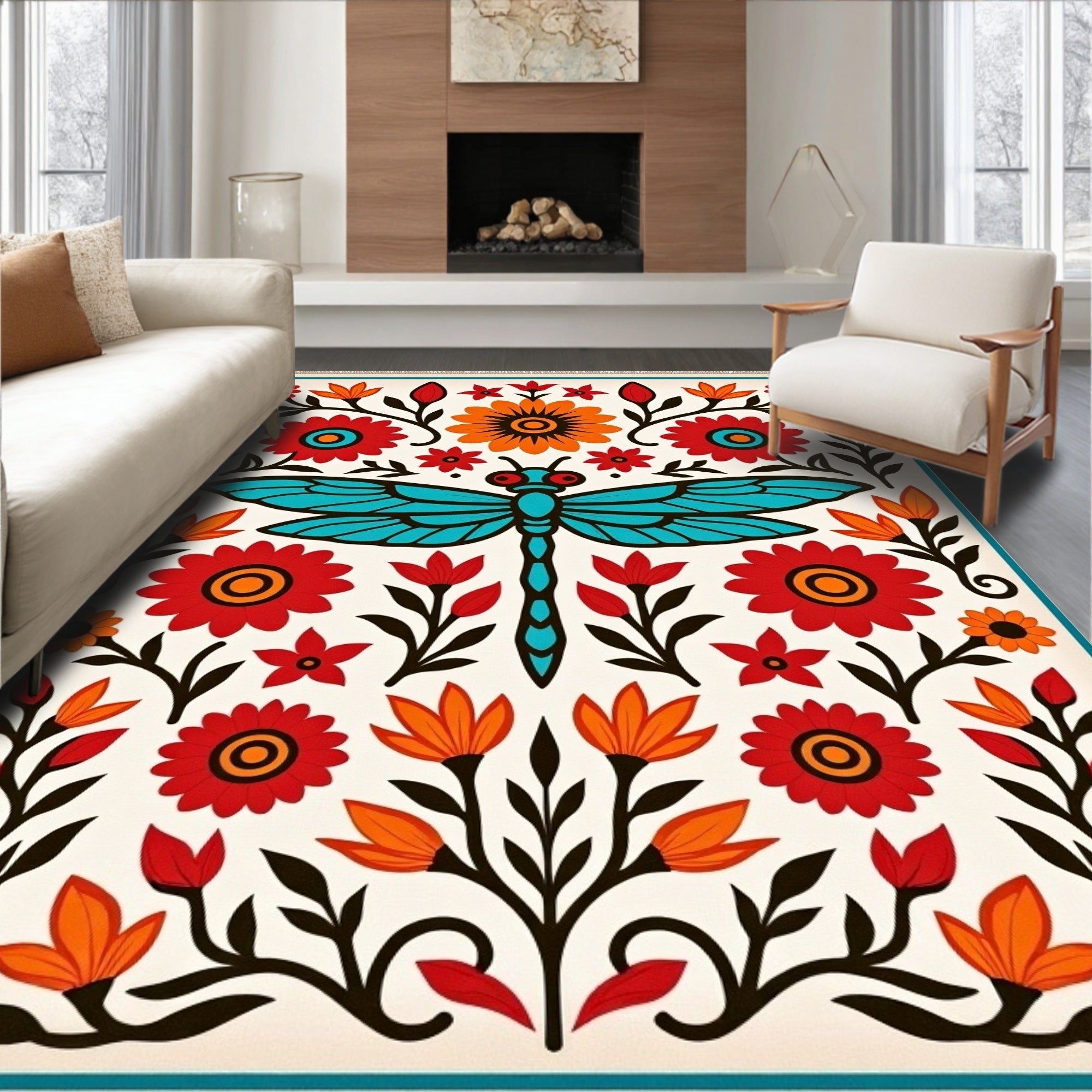 Mid-century Dragonfly Floral Folk Art Rug