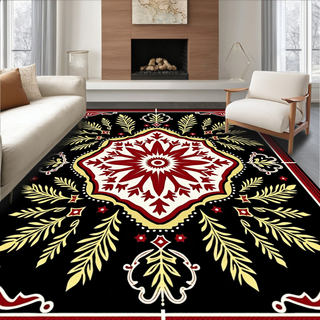 Deep Red Gold Floral Medallion Black Rug