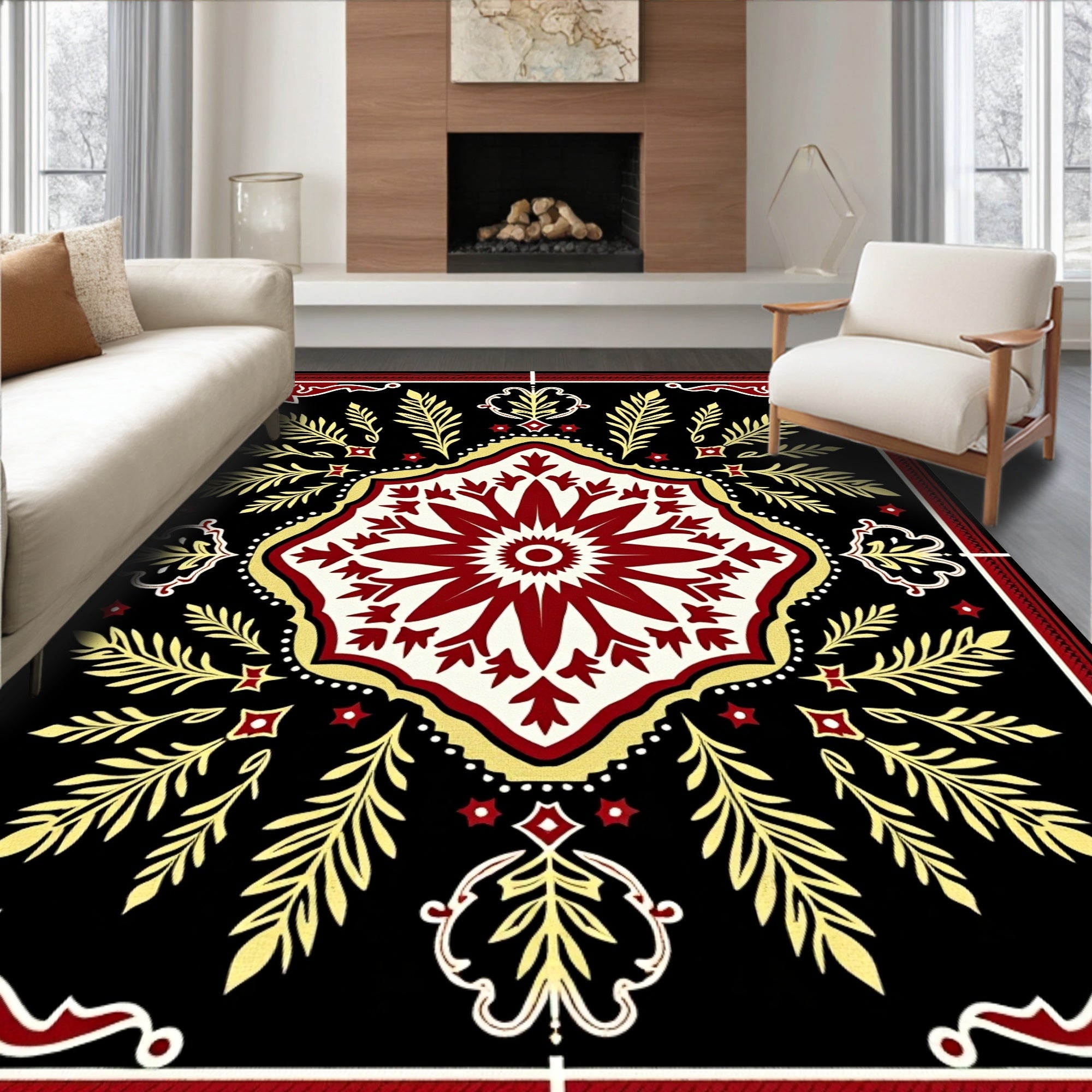 Deep Red Gold Floral Medallion Black Rug