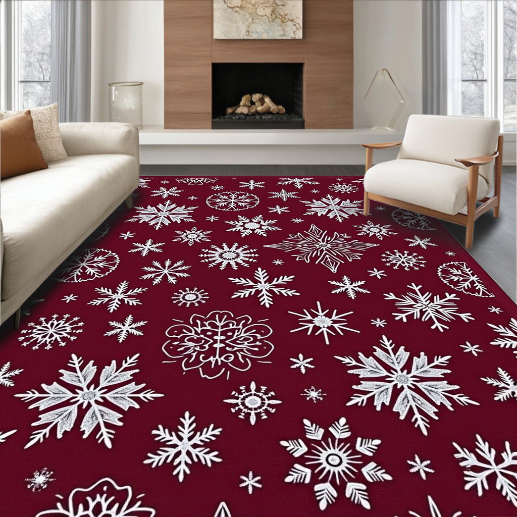 Deep Red White Snowflake Collage Rug