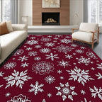 Deep Red White Snowflake Collage Rug