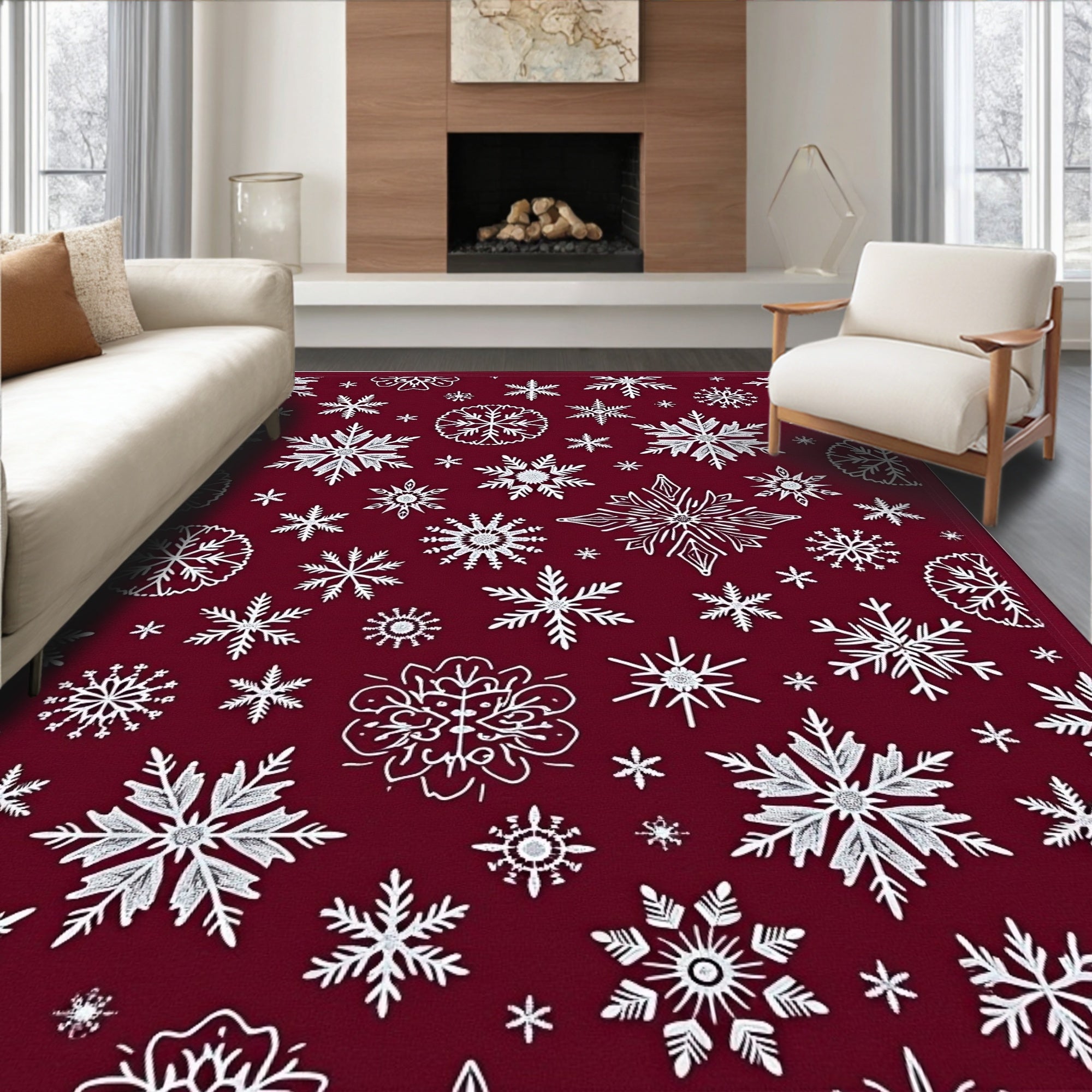 Deep Red White Snowflake Collage Rug