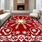 Crimson White Snowflakes Floral Frame Rug