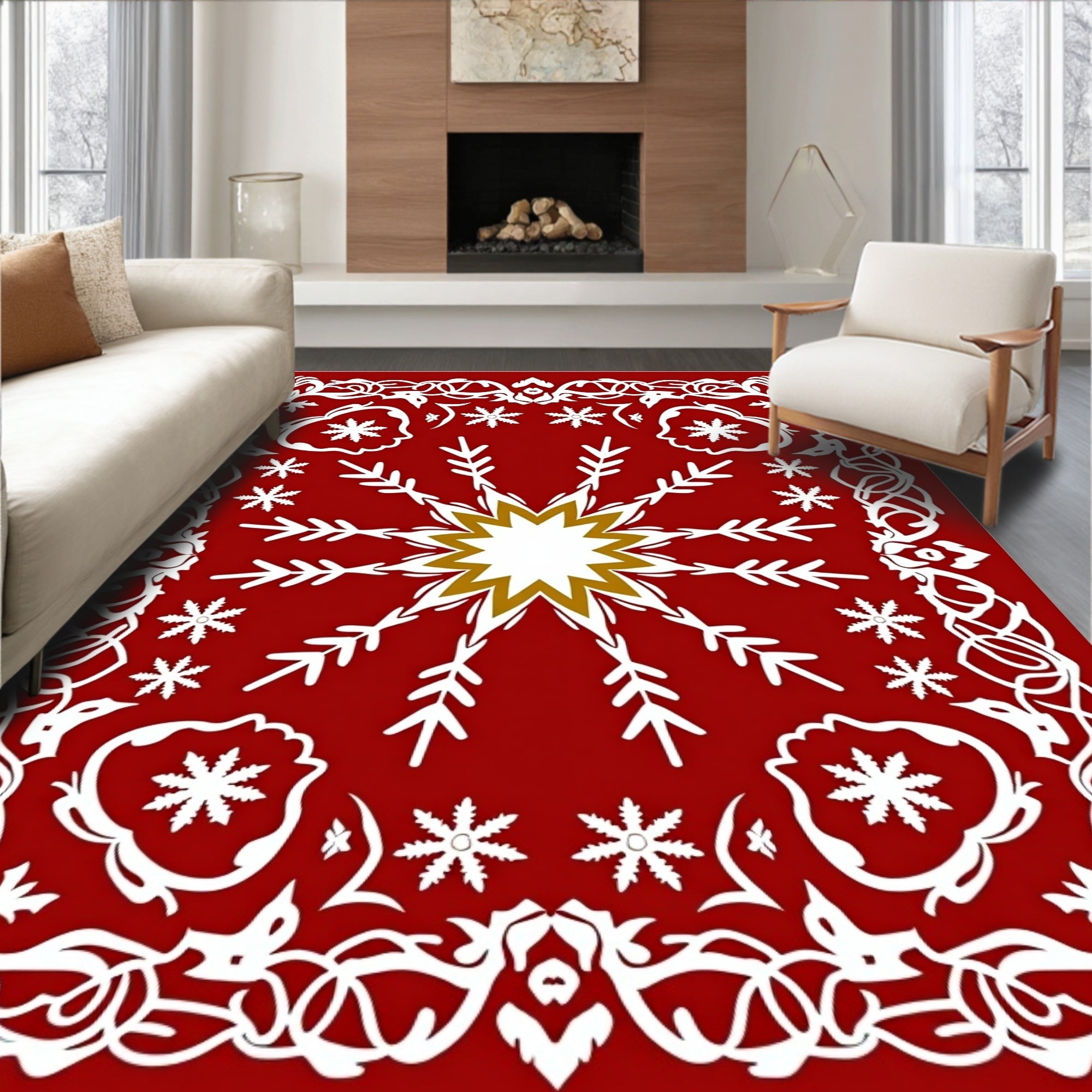 Crimson White Snowflakes Floral Frame Rug