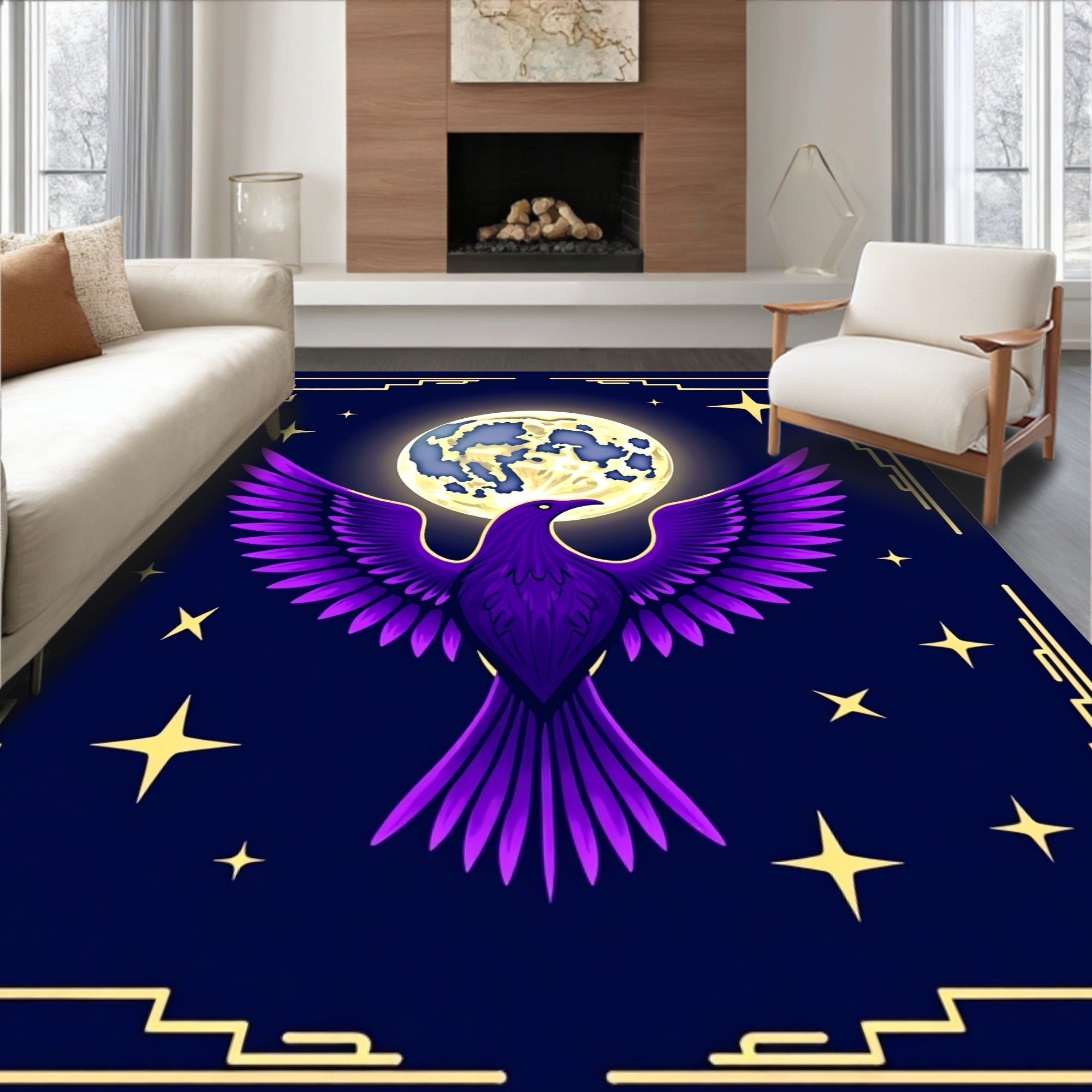 Purple Bird Moon Stars Art Deco Rug