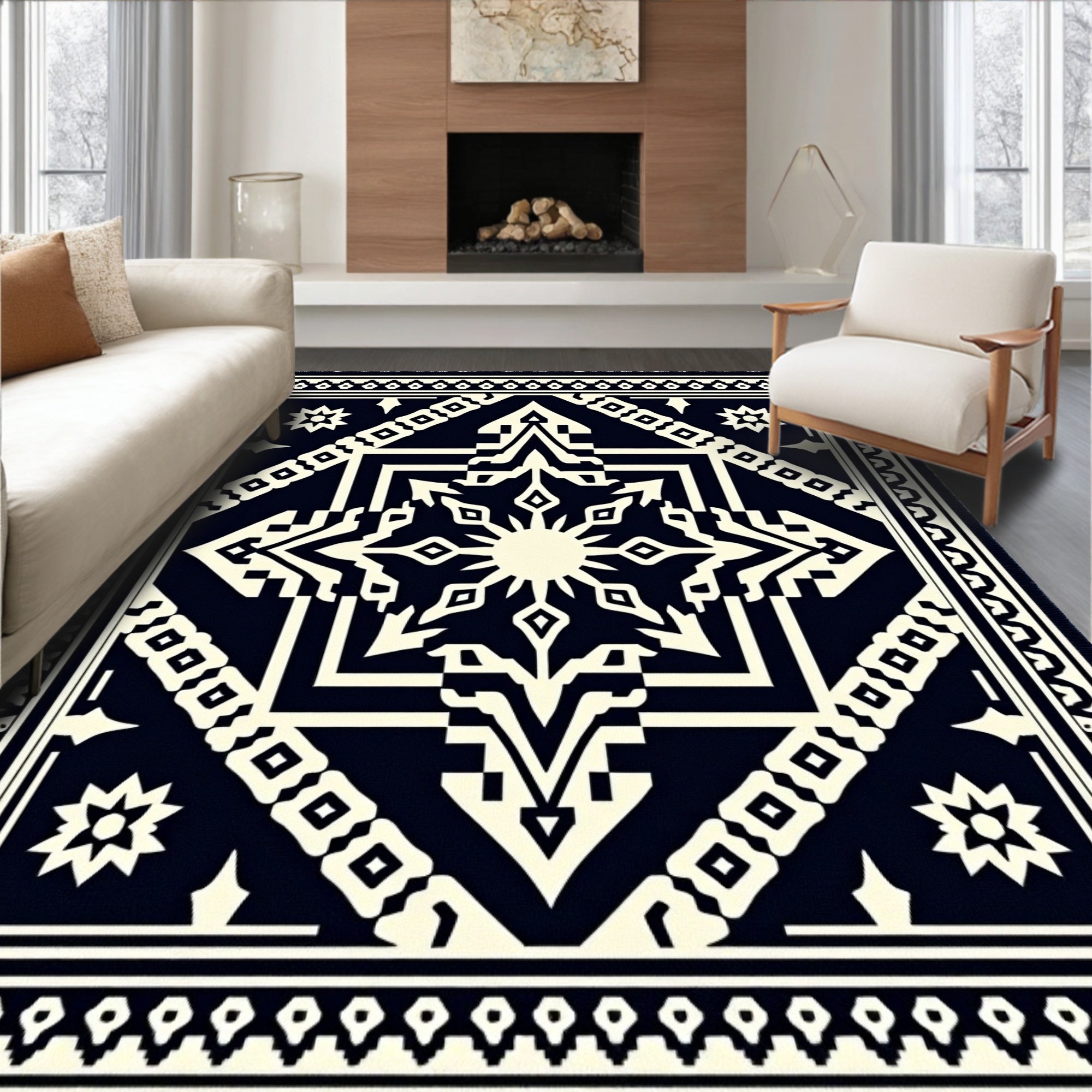Geometric Black Cream Sunburst Medallion Rug