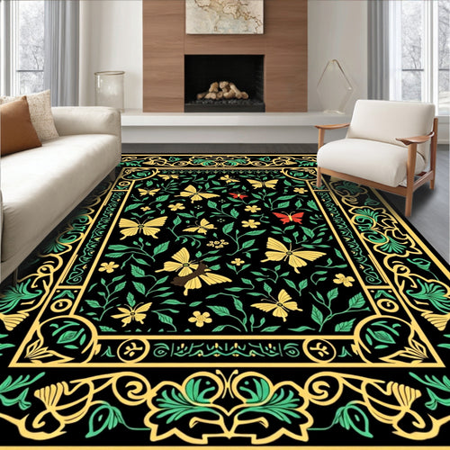 Black Yellow Green Butterfly Garden Rug