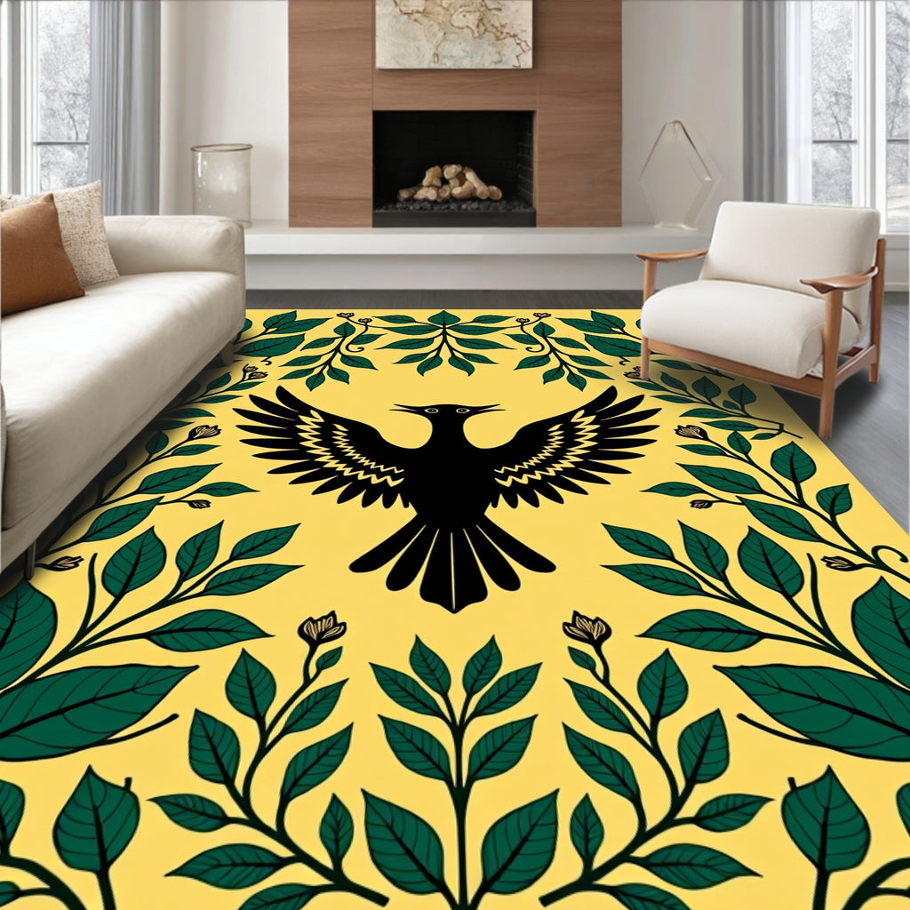Bold Black Bird Green Foliage Yellow Rug