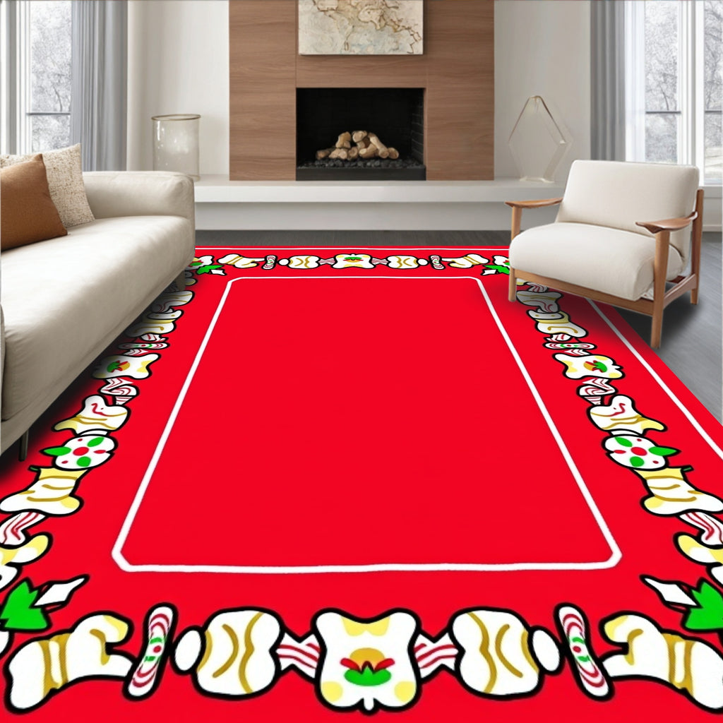 Crimson Repeating Whimsical Flower Border Rug