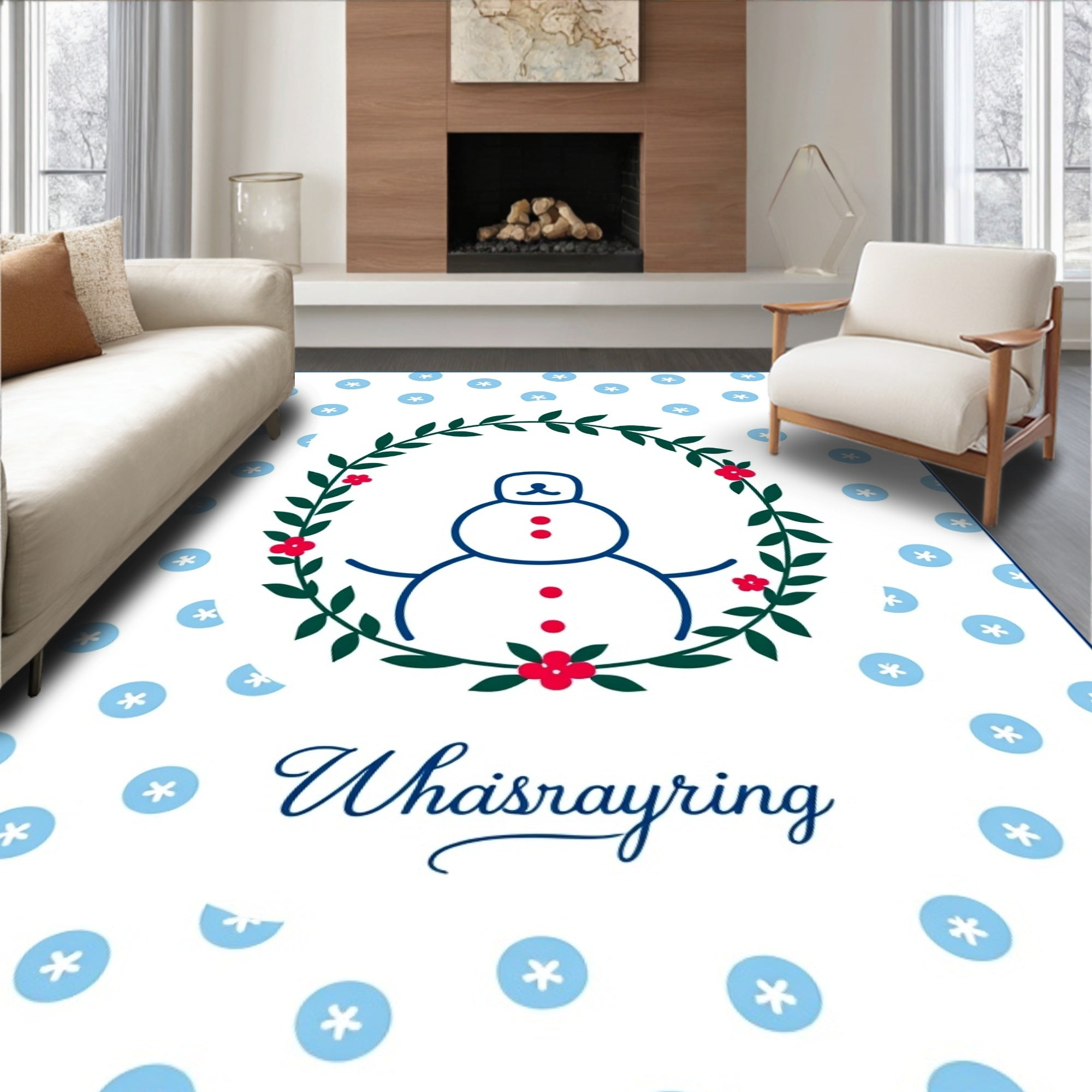 Whimsical Snowman Wreath Blue Flowers Rug