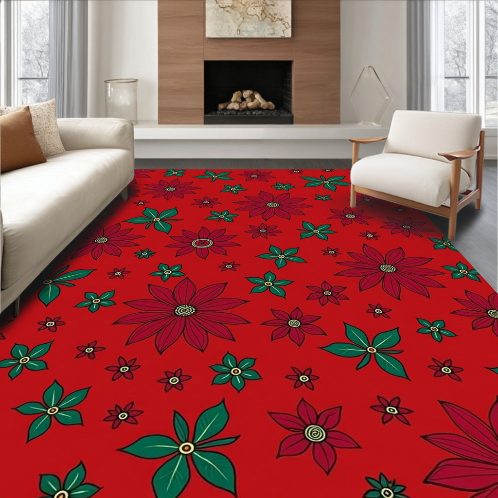Red and Green Floral Poinsettia Medley Rug