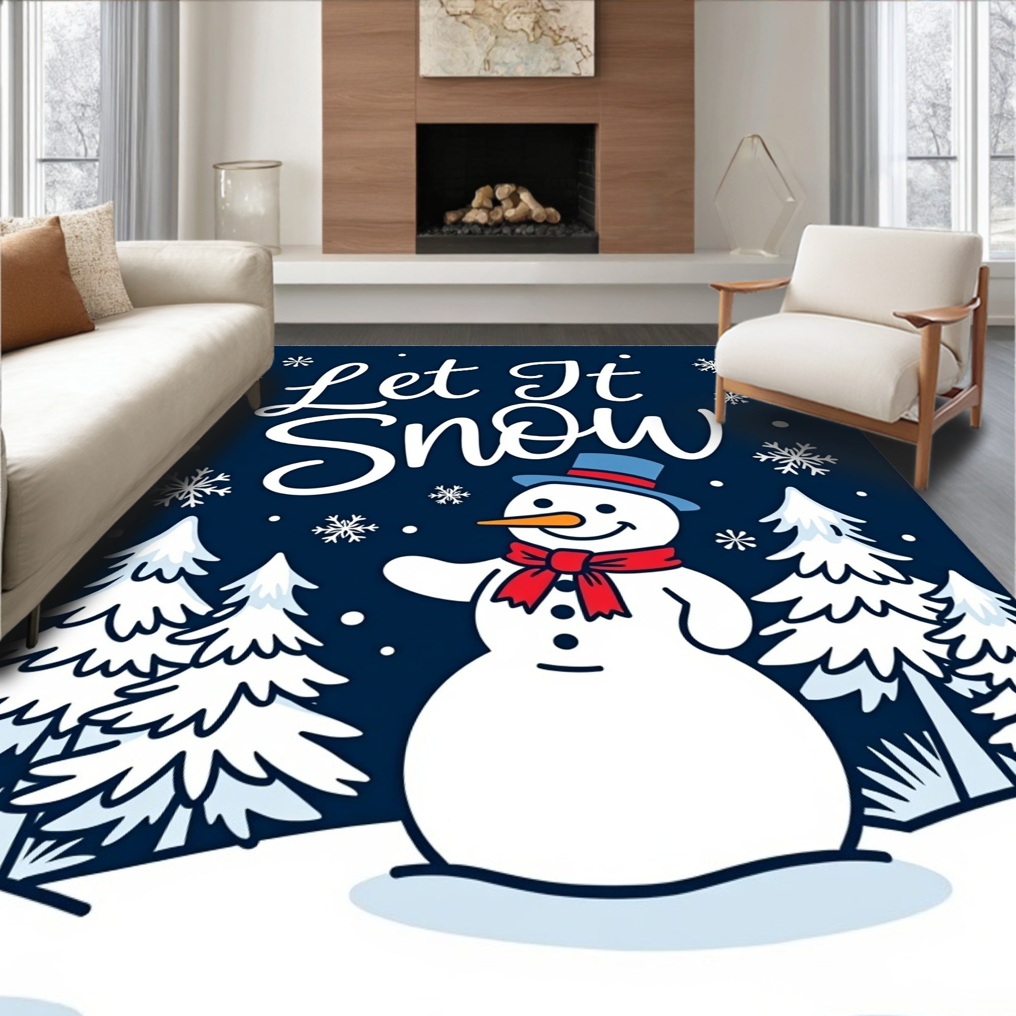 Charming Snowman Winter Forest Scene Rug