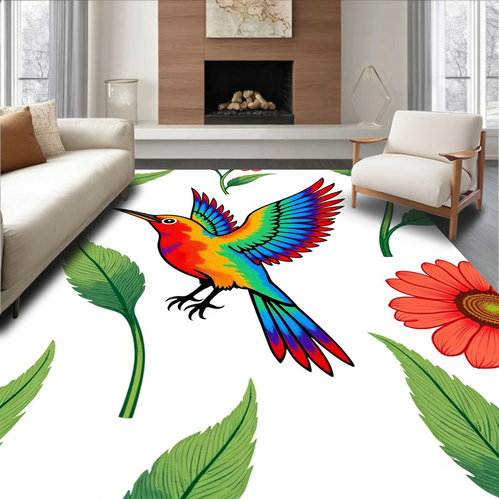 Vibrant Retro Hummingbird Floral Rug
