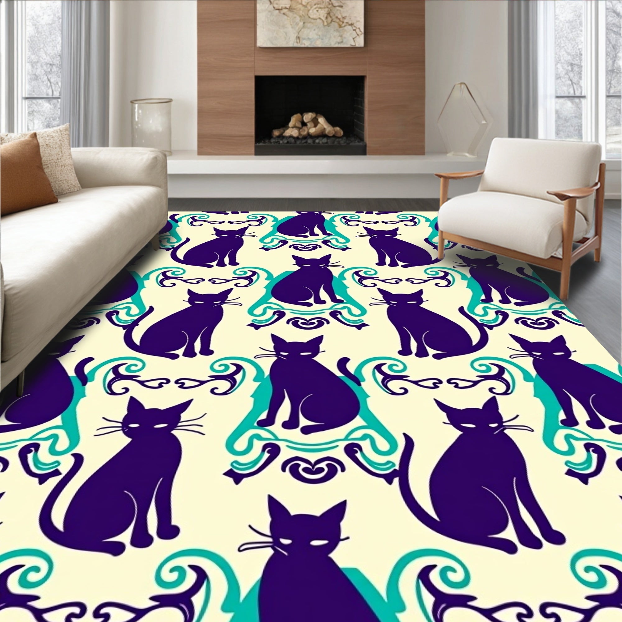 Purple Cats Teal Curls Cream Background Rug