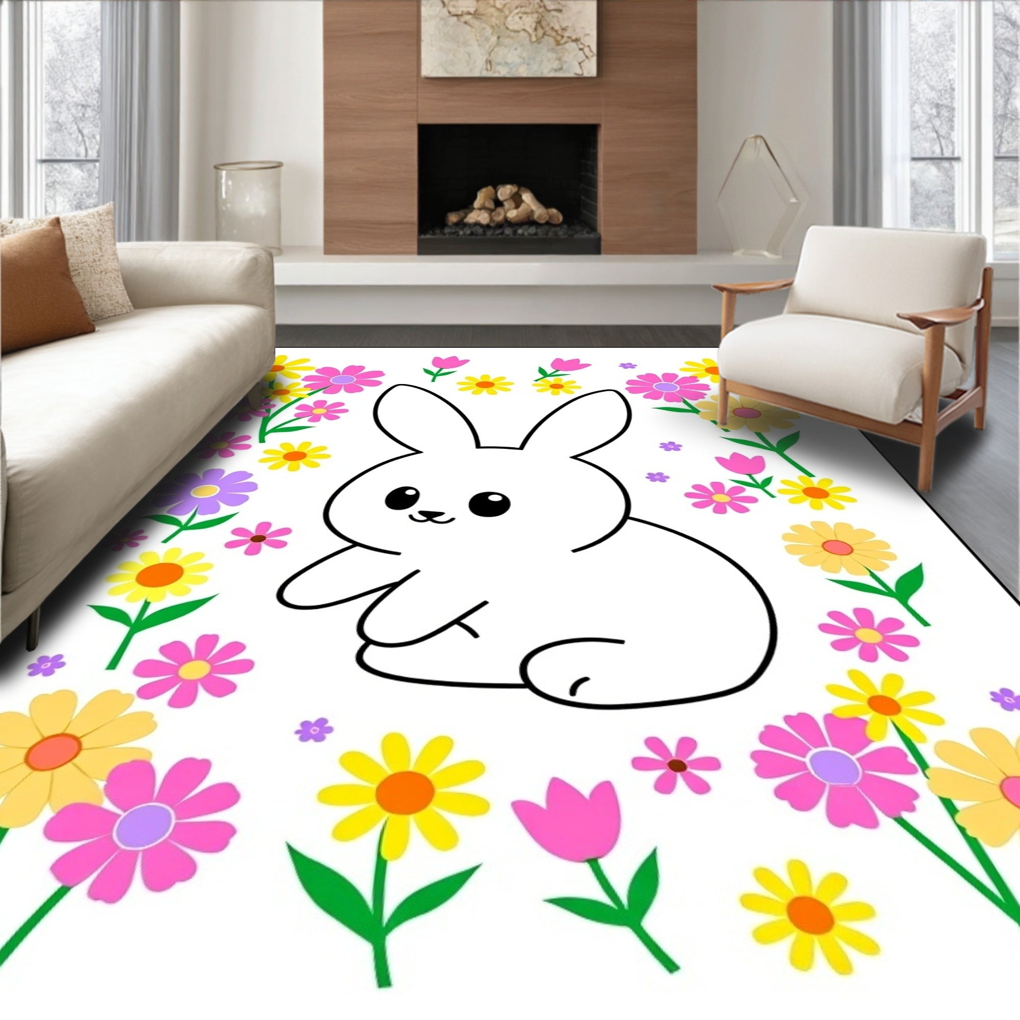 Cute Bunny Amongst Colorful Spring Flowers Rug