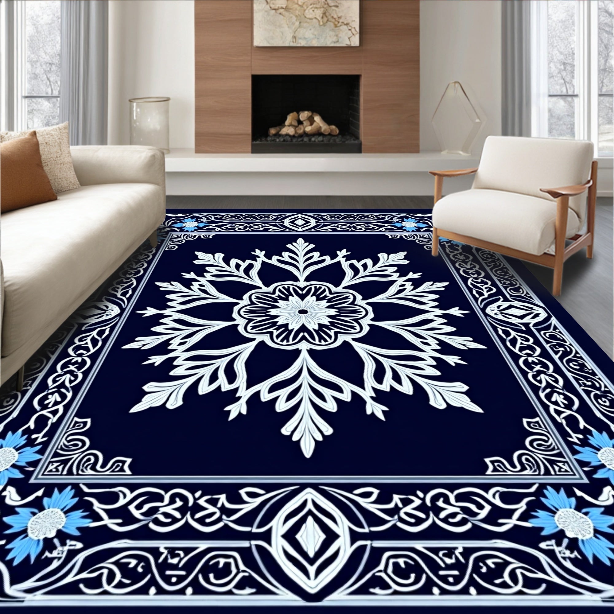 Navy White Blue Floral Intricate Rug