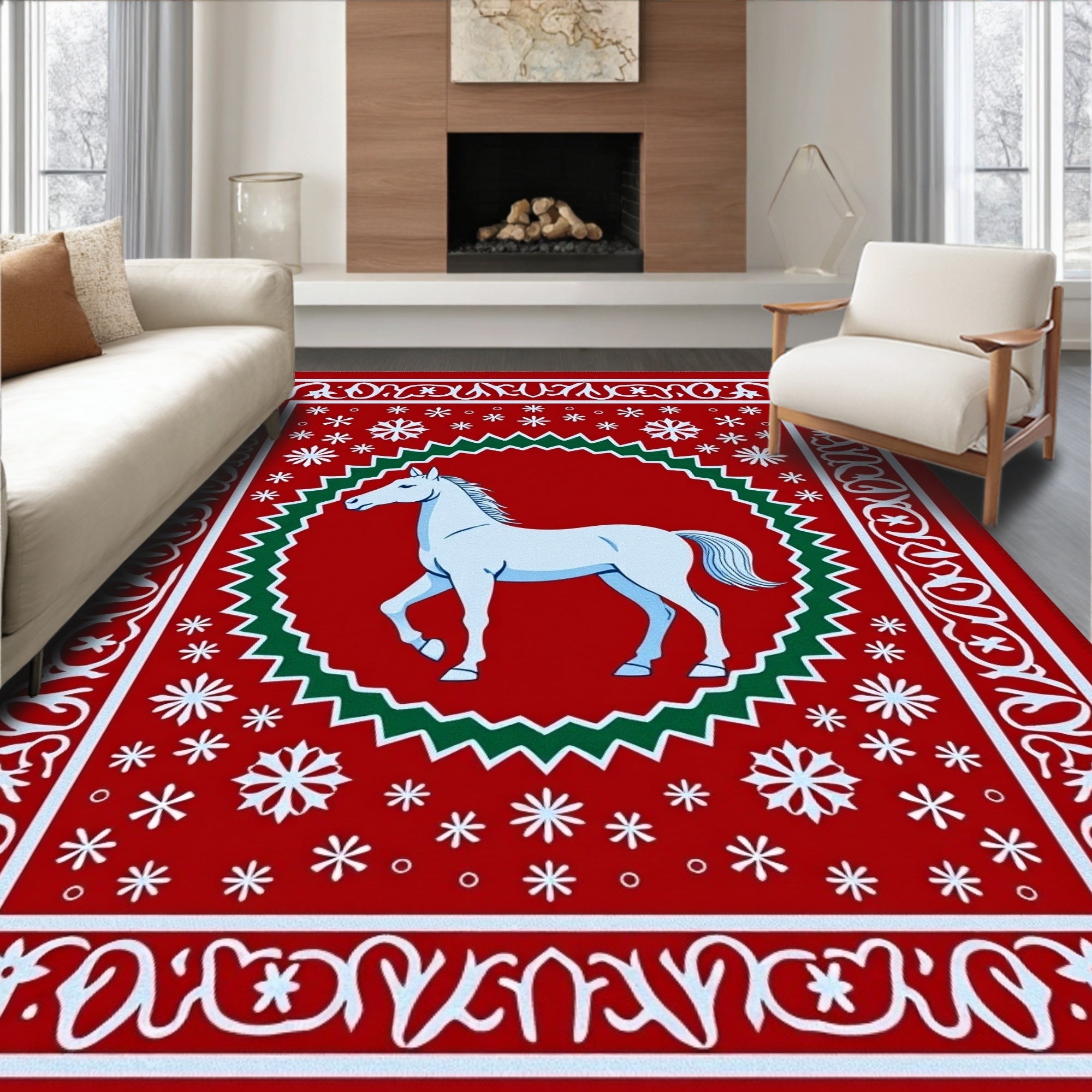 Crimson White Horse Snowflakes Medallion Rug