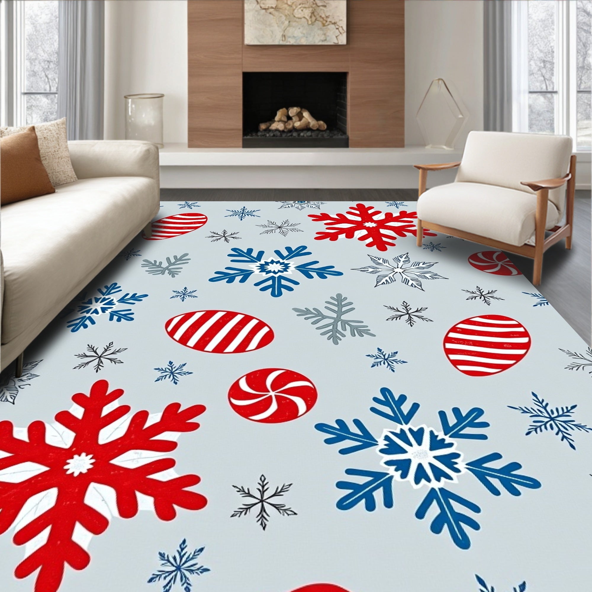Red Blue Snowflake Candy Collection Rug