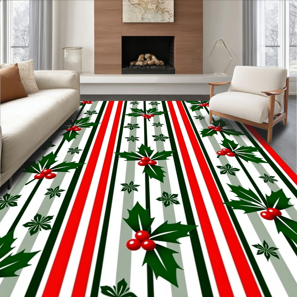 Festive Holly Berries Vertical Stripe Rug