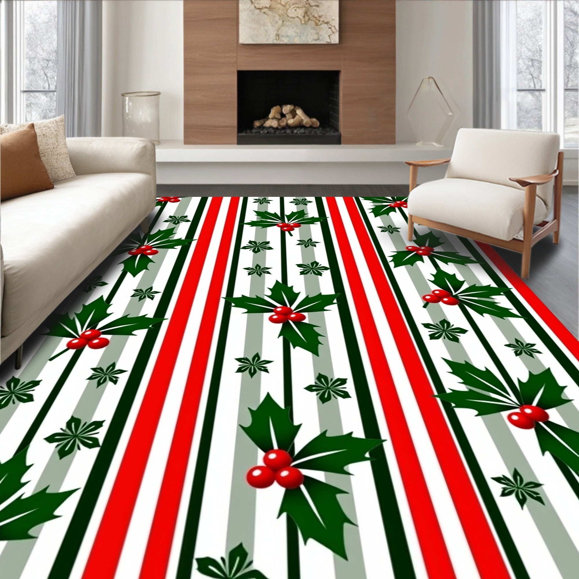 Festive Holly Berries Vertical Stripe Rug