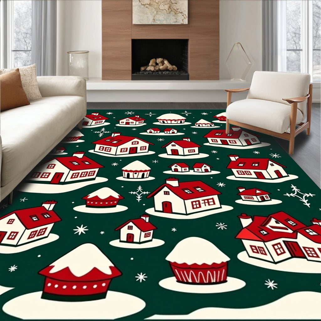 Whimsical Red And White Village Scatter Rug