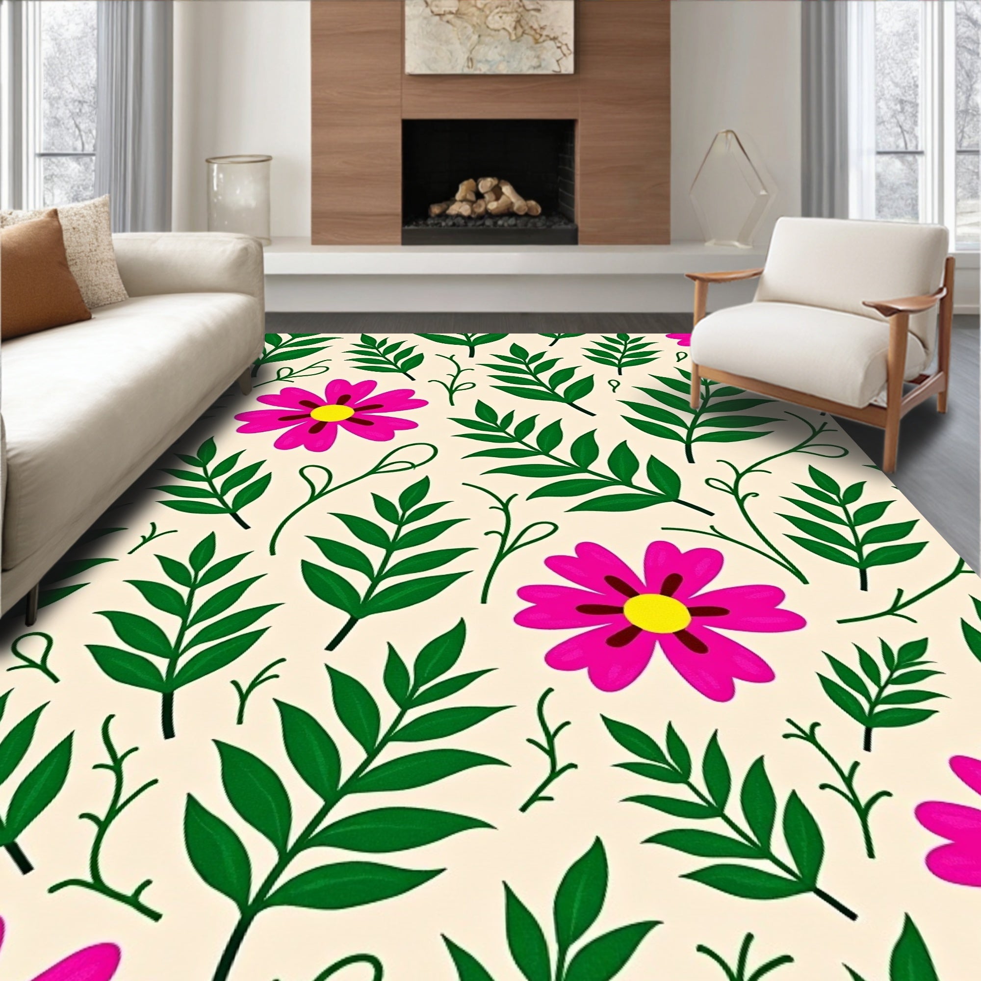 Fuchsia Floral Green Leaf Garden Rug