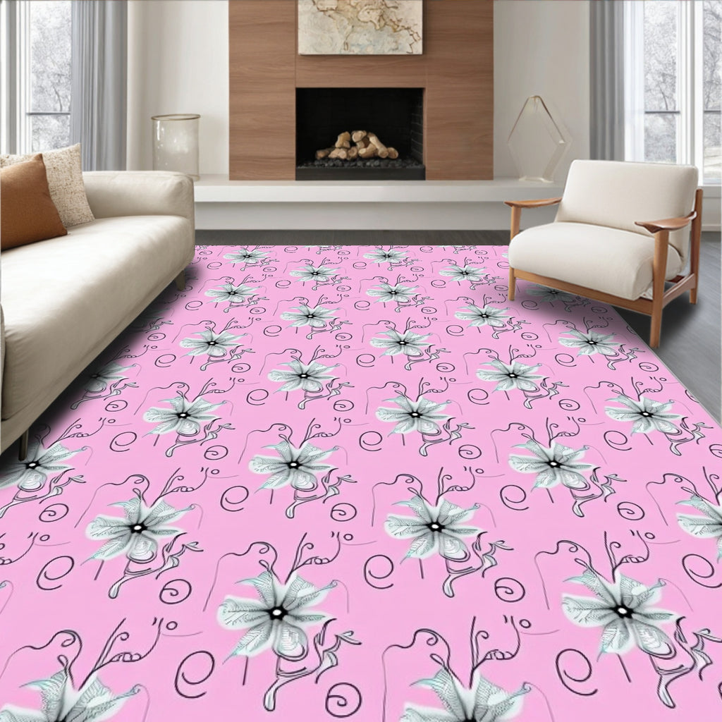 Pink White Floral Swirl Garden Rug